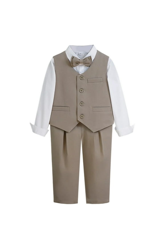 Boys Formal Suit Set 4 Piece Outfit with Vest Dress Shirt Pants and Bow Tie for Wedding Prom Performance Events Brown 4-5 Years