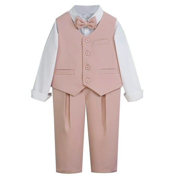 Wdgfv Boys Formal Suit Set 4 Piece Outfit with Vest Dress Shirt Pants and Bow Tie for Wedding Prom Performance Events Pink 2-3 Years
