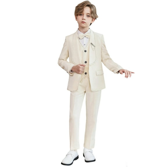 Wdgfv Boys Formal Suit Set with Slim Fit Design for Wedding Party Performance and in Autumn Winter Spring Seasons Beige 2-3 Years