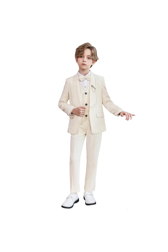 Boys Formal Suit Set with Slim Fit Design for Wedding Party Performance and in Autumn Winter Spring Seasons Beige 3-4 Years