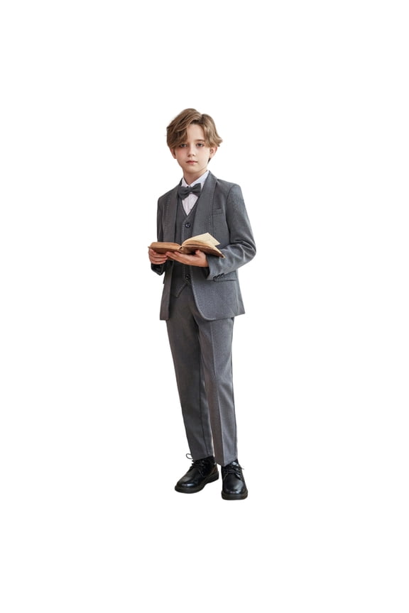 Boys Formal Suit Set with Slim Fit Design for Wedding Party Performance and in Autumn Winter Spring Seasons Gray 10-11 Years
