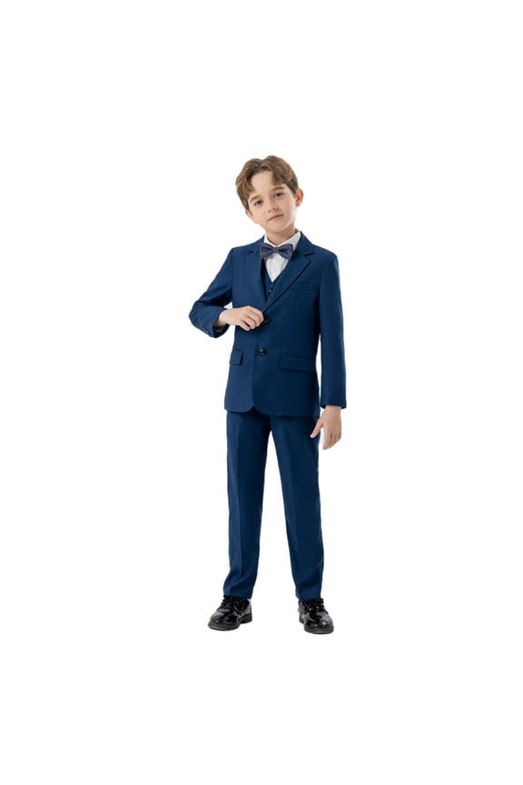 Boys Formal Suits 4 Piece Tuxedo Set With Coat Vest Pants Bowtie Slim Fit Outfit For Kids Wear Blue 2-3 Years