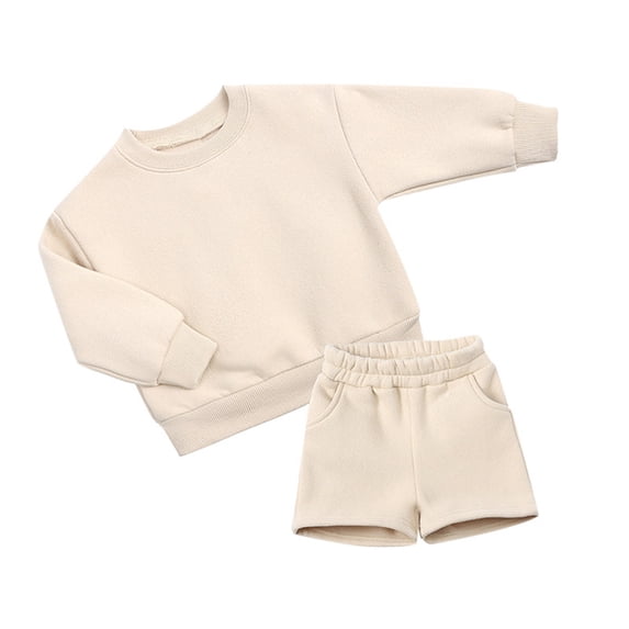 Wdgfv Boys Girls 2 Piece Pullover Sweatsuit Long Sleeve Hooded Top with Elastic Waist Shorts Pockets Outfit Set Beige 3-4 Years