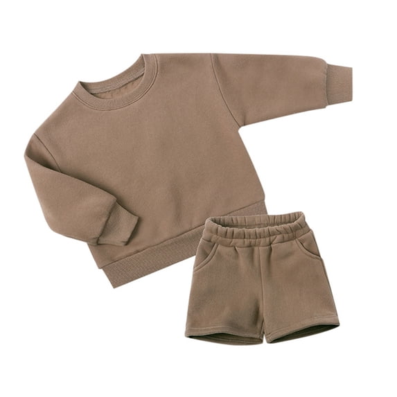 Wdgfv Boys Girls 2 Piece Pullover Sweatsuit Long Sleeve Hooded Top with Elastic Waist Shorts Pockets Outfit Set Brown 5-6 Years