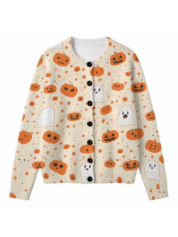 Boys Girls Halloween Layering Cardigan Jacket, Funny Ghost Pattern Button‑Front Long‑Sleeve Coat, Cozy Home Outerwear for Kids Halloween Season 13-14 Years