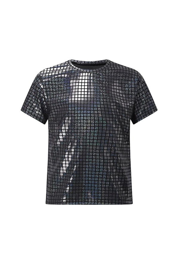 Boys Graphic T-Shirt with Square Sequins Checkered Shiny Design Short Sleeve Top for Casual Outdoor Sports Performance Outfit Black 16-17 Years