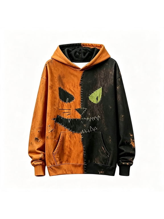 Boys Halloween Patchwork Hoodie, Scarecrow Stitched Grin Face Graphic Long Sleeve Pullover Hooded Sweatshirt with Front Pocket 1-2 Years