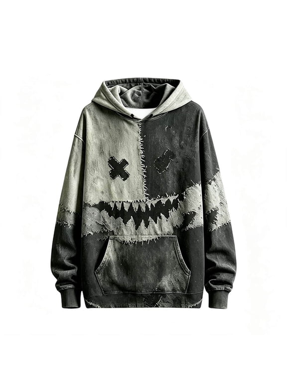Boys Halloween Patchwork Hoodie, Scarecrow Stitched Grin Face Graphic Long Sleeve Pullover Hooded Sweatshirt with Front Pocket 3-4 Years