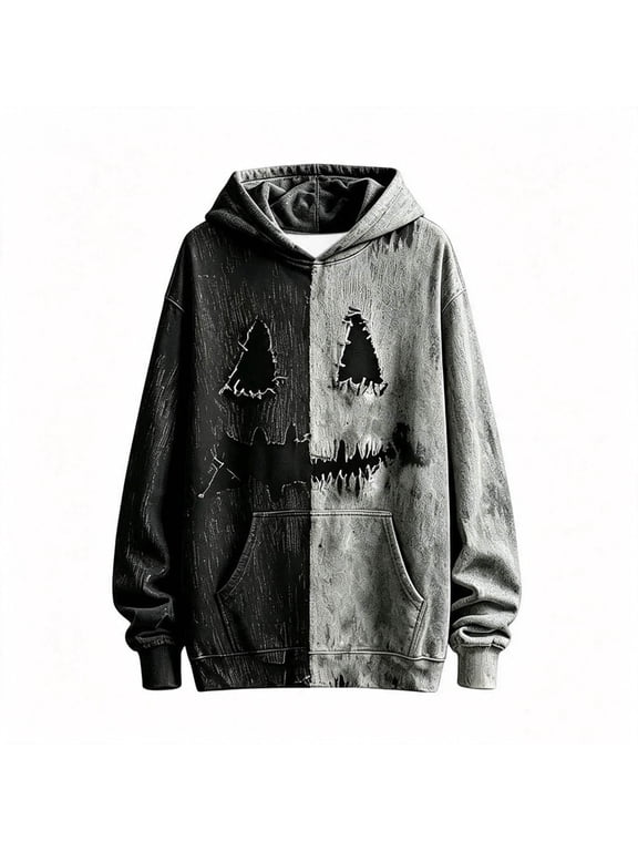Boys Halloween Patchwork Hoodie, Scarecrow Stitched Grin Face Graphic Long Sleeve Pullover Hooded Sweatshirt with Front Pocket 3-4 Years