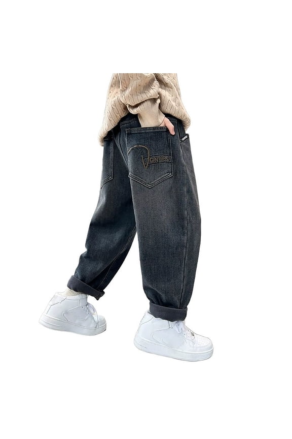 Boys Regular Straight-Fit Jeans Boys Baggy Jeans Loose Fit Denim Pants Elastic Waist Casual Trousers with Pockets Comfortable Streetwear for Kids Age 4-13 Black 8-9 Years