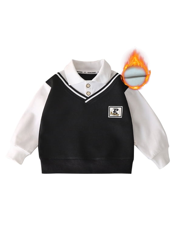Boys School Casual Hoodie Boys Lined V Neck Pullover Sweater Long Sleeve Warm School Outfit Clothes for Fall and Winter Black 11-12 Years