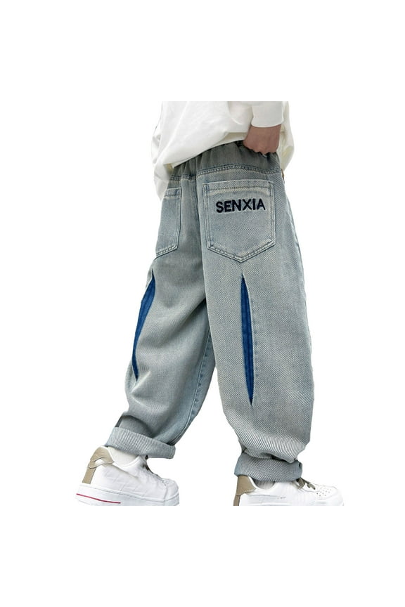 Boys Skinny Fit Performance Jeans Stylish Boys Pants - Baggy Straight Leg Jeans with Pockets Elastic Waist Distressed Ripped Denim for Active Boys Blue 4-5 Years