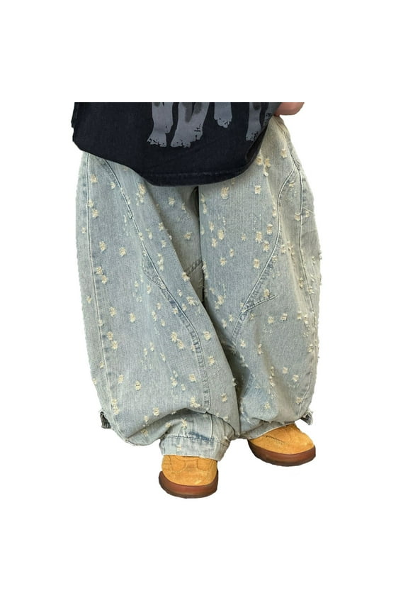 Boys Straight Leg Jeans Boys' Baggy Jeans Straight Leg Distressed Denim Pants With Pockets Elastic Waist Ripped Holes Casual Streetwear Kids Clothes 2-13Y Blue 12-13 Years