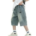 thumbnail image 1 of Wdgfv Boys Straight Leg Jeans Boys Elastic Waist Wide Leg Casual Loose Half Eighths Jeans With Pockets Summer Denim Shorts for Kids Stylish Comfortable Playwear Blue 9-10 Years, 1 of 9