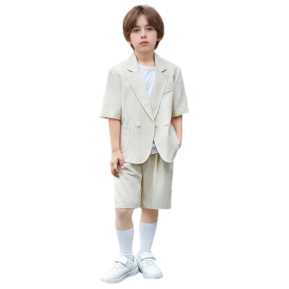 Wdgfv Boys Summer Casual Suit Set Short Sleeve and Shorts Performance Outfit for Show Party Events Ages 3 to 16 Years Beige 3-4 Years