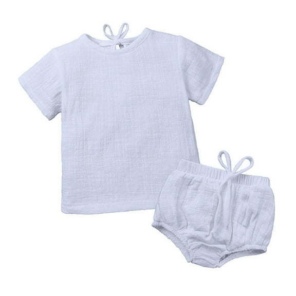Wdgfv Boys Summer Linen Short Sleeve Tee and Shorts 2 Piece Outfit Set for Toddler Comfortable Playwear White 9-12 Months