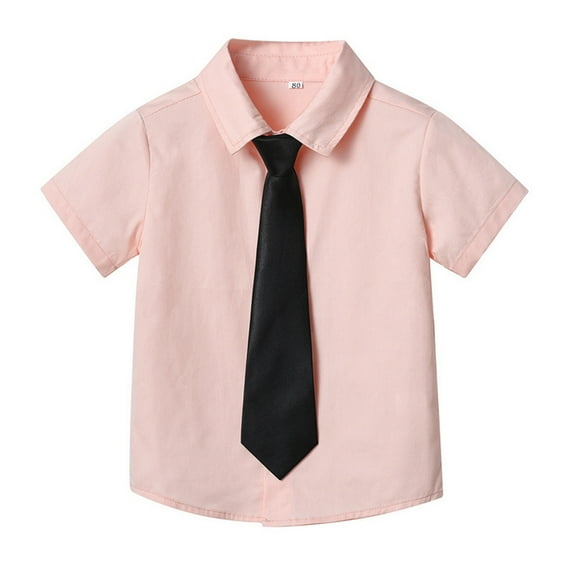 Wdgfv Boys Summer Solid Color Short Sleeve Cardigan Lapel Shirt with Tie Detail for Children Pink 13-14 Years
