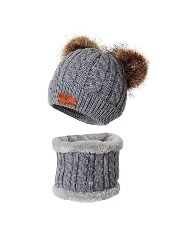 Cable Knit Kids Beanie & Neck Warmer 2âPiece Set, Double Pom Pom FleeceâLined Toddler Knitted Hat and Neck Gaiter, Warm Winter Accessory Kit for Boys and Girls