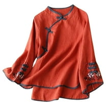 Wdgfv Chinese Traditional Suit Blouse Women Embroidery Cotton Linen Bell Long Sleeve Shirts Button Tops