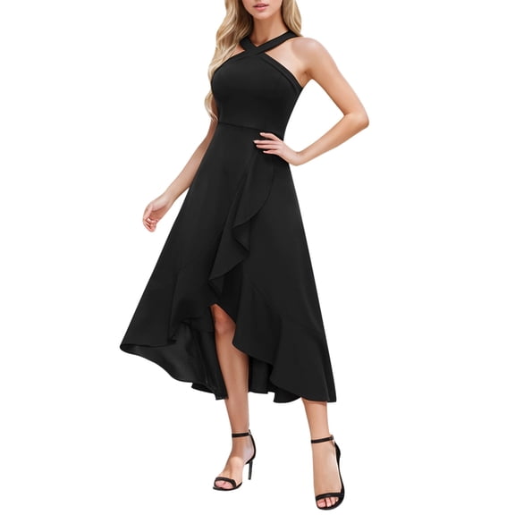 Wdgfv Women Dresses Prom Formal Wedding Bridesmaid Dress Ruffled Maxi Dresses Black L