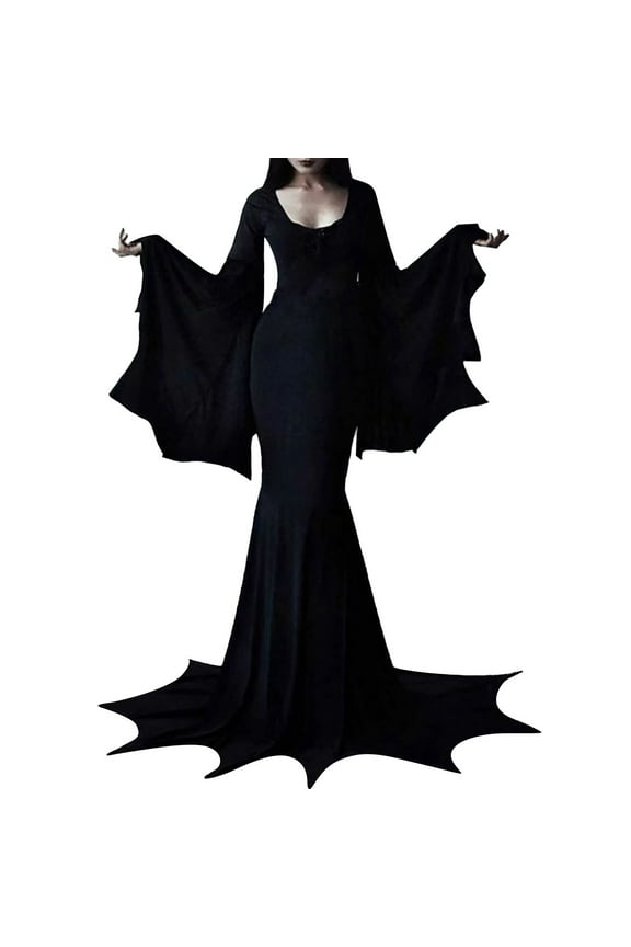 Costumes for Morticia Long Black Gothic Bat Sleeve Dress Halloween Cosplay Costumes for Women