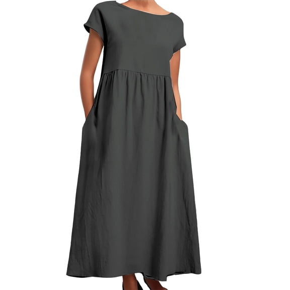 Wdgfv Cotton Dresses for Womens Short Sleeve Maxi Dress Casual Flowy Pleated Summer Dresses with Pockets Grey M
