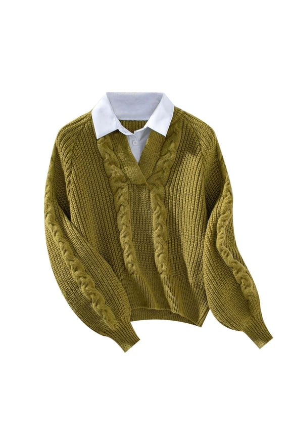 Crewneck Pullover Sweater Women Elegant Ladies Winter Casual Two Piece Lapel Pullover Sweater for Comfortable