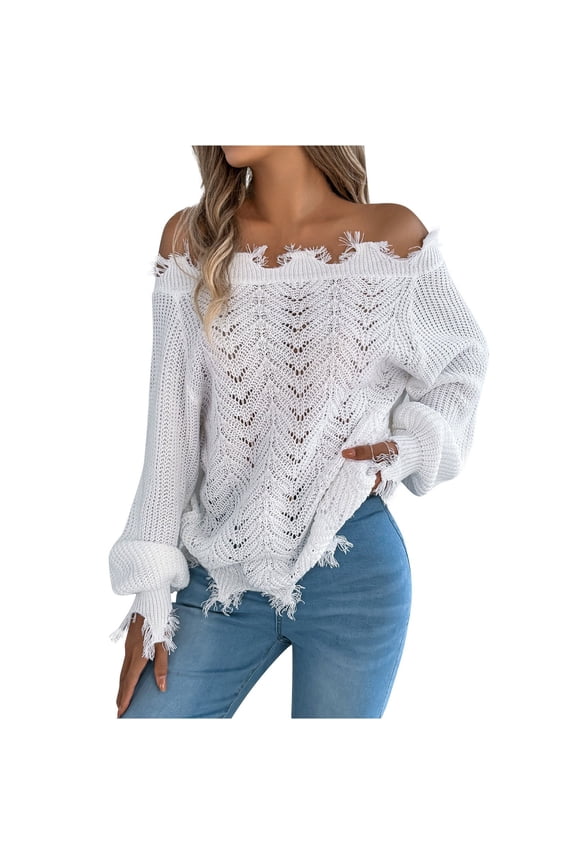 Crewneck Pullover Sweater Women Elegant Women's Pullover Sweater with Off Shoulder Neckline and Distressed Knit Details for Fall Winter Fashion