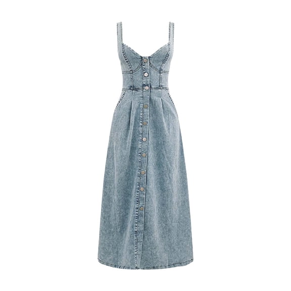 Wdgfv Denim Dress for Women Sleeveless Button Down Slim Fit Midi Jean Dresses for Women Light Blue XL