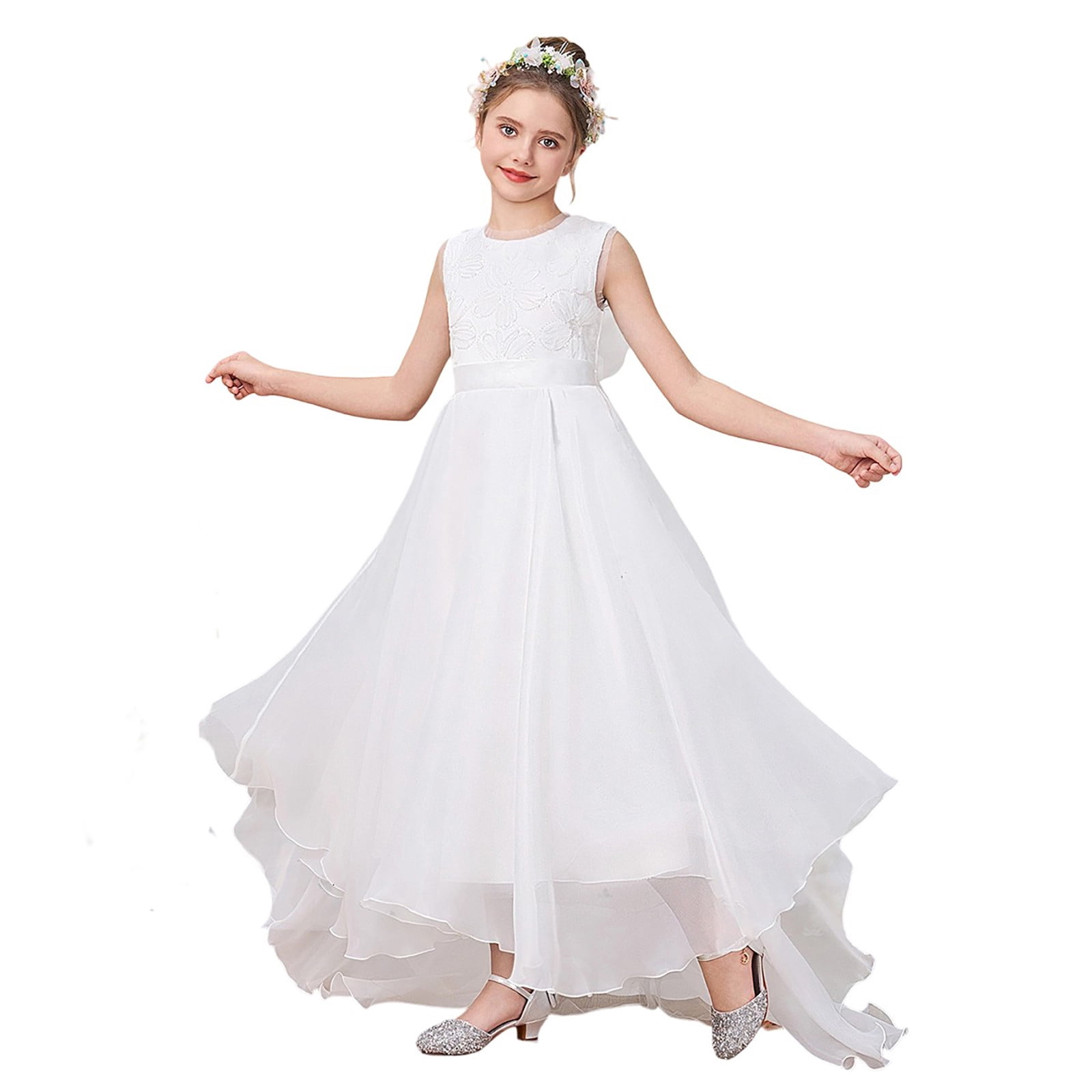 Wdgfv Elegant Girls Dresses Back V Neck Bow Dress For Kids 7-12 Years Old Casual Party Wear Comfortable Breathable Fabric Spring Summer Fall White 10-11 Years