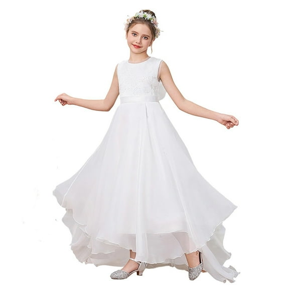 Wdgfv Elegant Girls Dresses Back V Neck Bow Dress For Kids 7-12 Years Old Casual Party Wear Comfortable Breathable Fabric Spring Summer Fall White 10-11 Years