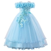 Wdgfv Elegant Off Shoulder Girls Dresses Tutu Skirt For Wedding Party Pageant Casual Wear Floral Appliques Gown Ages 7-12 Sky Blue 12 Years