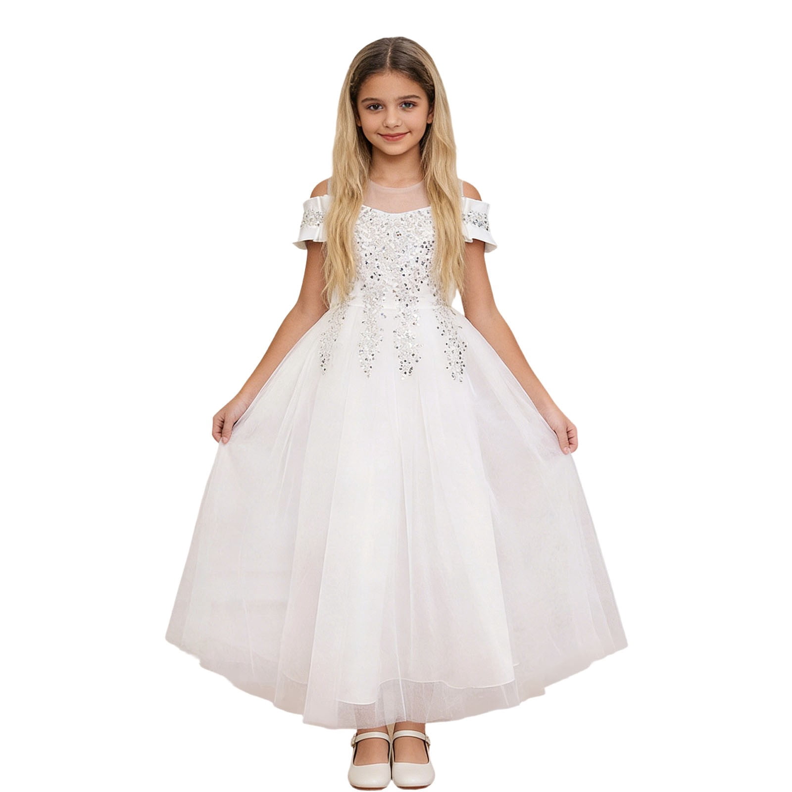 Wdgfv Elegant Off Shoulder Girls Dresses Tutu Skirt For Wedding Party Pageant Casual Wear Floral Appliques Gown