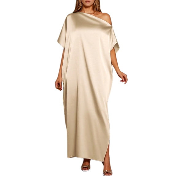 Wdgfv Elegant Satin Maxi Dress for Women Long Sleeve Loose Fit Flowy Evening Gown Casual Party Wear Spring Fall Round Neck Solid Color