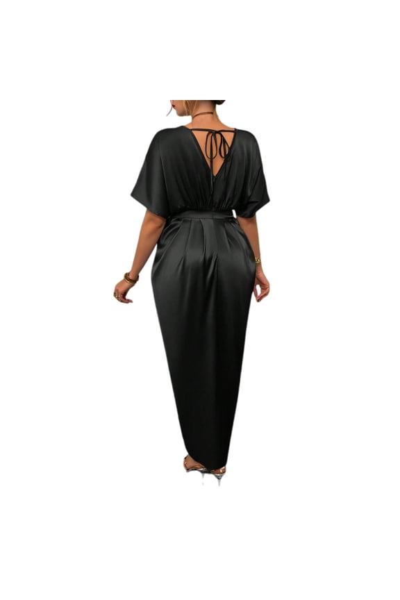 Elegant Satin Maxi Dress for Women V Neck Wrap Waist Long Party Evening Gown Holiday Prom Casual Wear