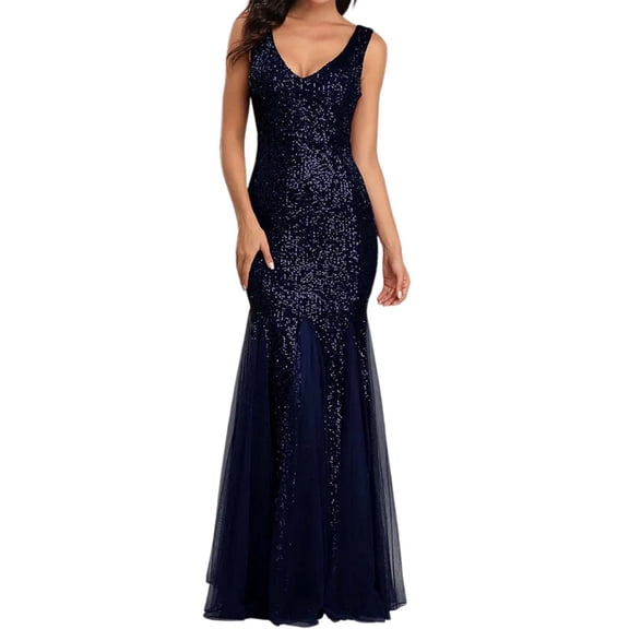 Wdgfv Elegant Slim Fit Sequin Sleeveless Evening Gown with Unique Low Neckline for Women's Formal Prom Dress BU1 S