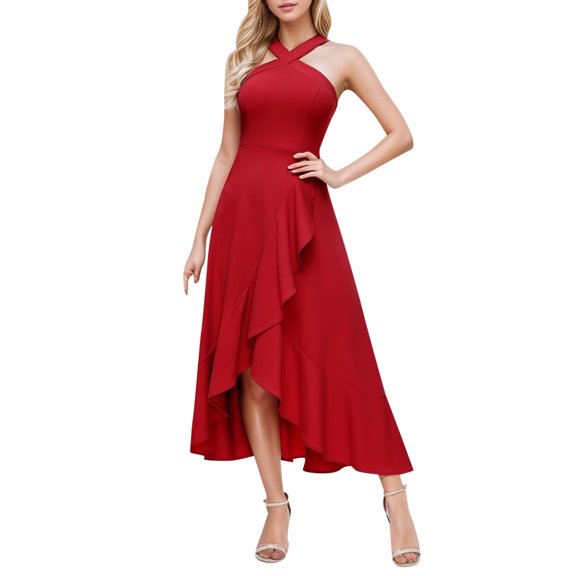 Wdgfv Elegant Women's Solid Color Party Dress for Prom Evening Formal Occasions and Casual Wear Red L