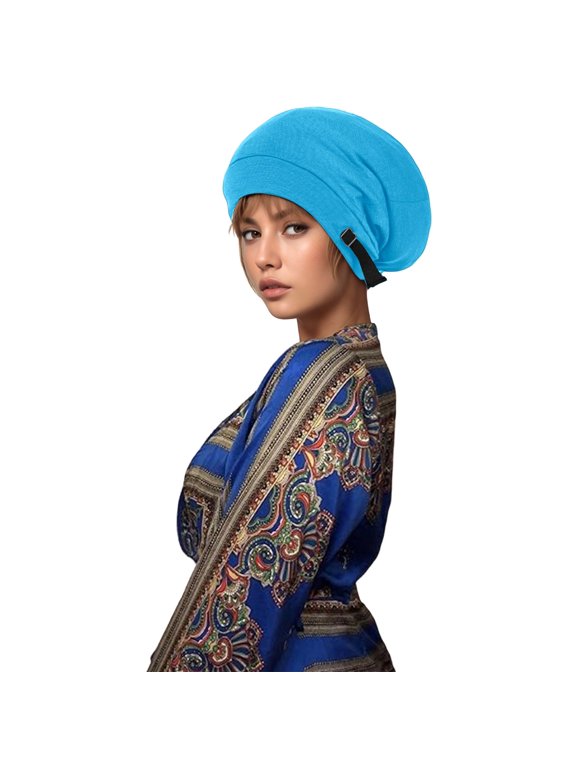 Extra Warm Double Layer Thermal Knitted Winter Sleeping Cap Adjustable Slouchy Chemo Headwear for Cold Weather Blue One Size
