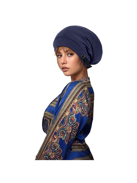Extra Warm Double Layer Thermal Knitted Winter Sleeping Cap Adjustable Slouchy Chemo Headwear for Cold Weather Navy One Size