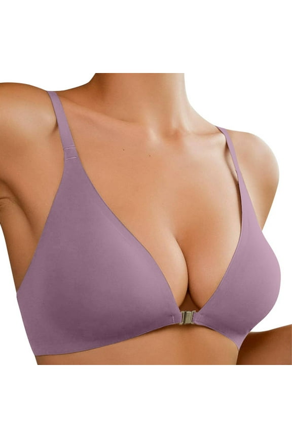 Front Closure Bras For Women No Underwire Low Cut V Padded Bralette Seamless Comfortable Supportive Wireless Design Light Purple S