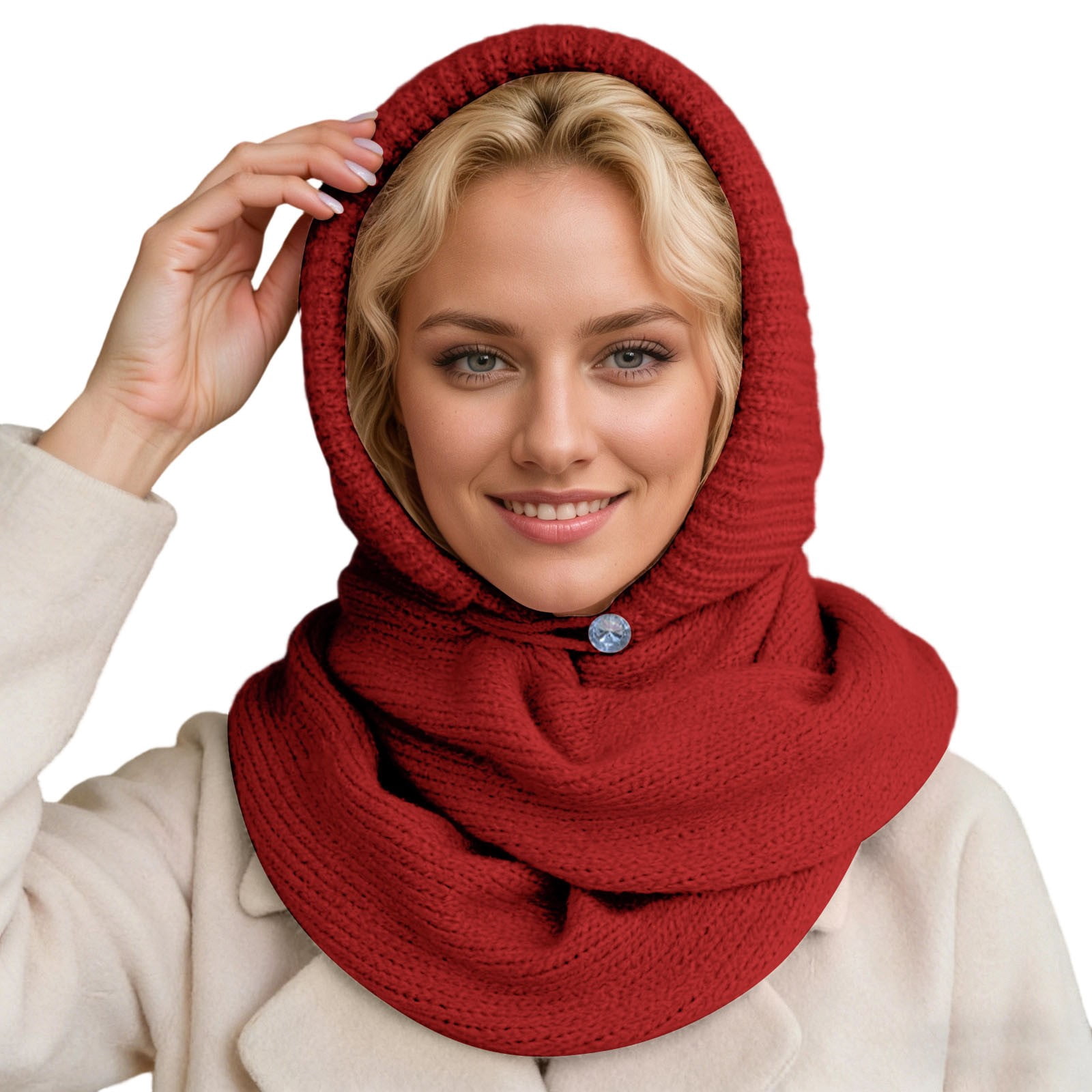 Women Red Hooded Scarf Winter Beanie Hats Beanies Knitted Crochet Hat Knitted Hat W/ Connected Scarf Scarf Pattern Beanie With  main image 3