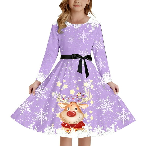 Wdgfv Girl Christmas Dressrs With Lace Up Front Long Sleeves And Back Elastic Zipper For Holiday Festive Pageant Gown Light Purple 5-6 Years