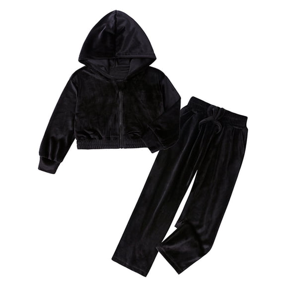 Wdgfv Girls 2 Piece Outfits Velour Tracksuit Hoodie and Jogger Set Sweatsuit Athletic Clothes Sets Black 3-4 Years