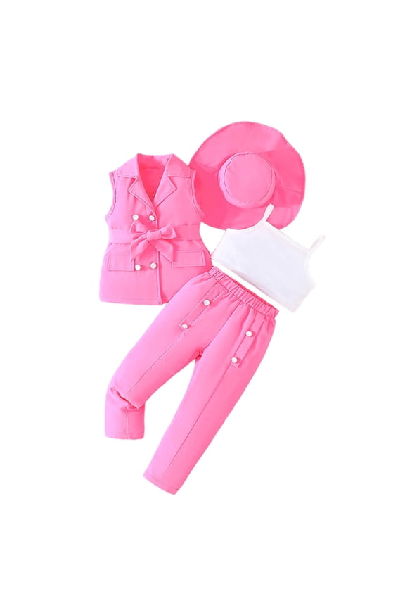 Girls 4 Piece Outfits Cami Tops Long Pants and Sleeveless Butterfly Suit Vest with Hats Summer Dressy Clothing Sets Hot Pink 7-8 Years