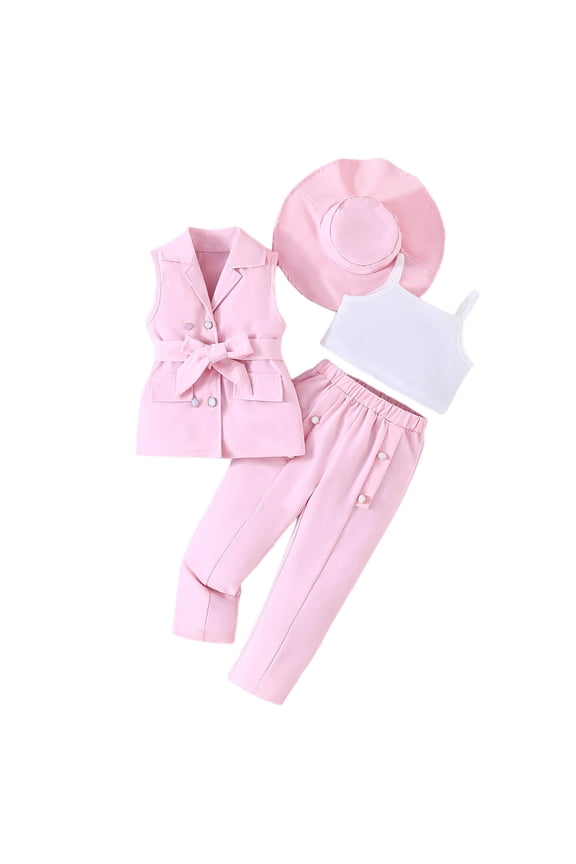 Girls 4 Piece Outfits Cami Tops Long Pants and Sleeveless Butterfly Suit Vest with Hats Summer Dressy Clothing Sets Pink 5-6 Years