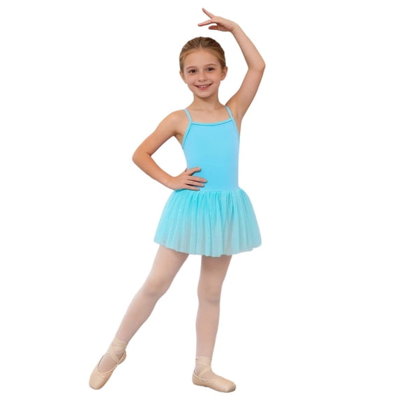 Wdgfv Girls Ballet Dance Dress With Glittered Sequins and Straps Net Silk Training Outfit For Young Dancers Blue 9-10 Years