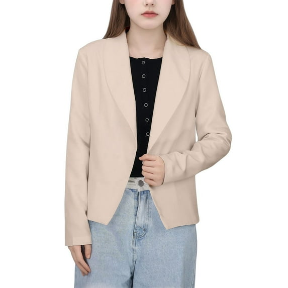 Wdgfv Girls' Bomber Jacket Girls Formal Jacket Solid Color Lapel Suit Open Front Long Sleeve Top For Kids Girls Size 5-14 Years Beige 7-8 Years