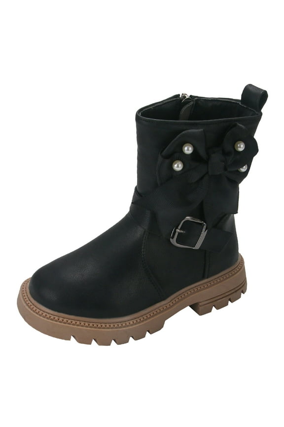 Girls Boots Fashionable Thick Heeled Mid Length Children Boots with Pearl Bow Design Comfortable Durable Winter Footwear for Kids Black 8-9 Years