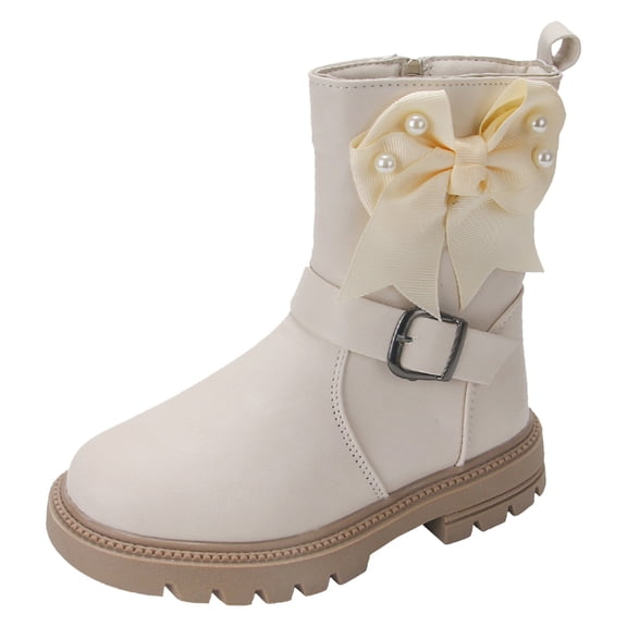 Wdgfv Girls Boots Fashionable Thick Heeled Mid Length Children Boots with Pearl Bow Design Comfortable Durable Winter Footwear for Kids White 8-9 Years