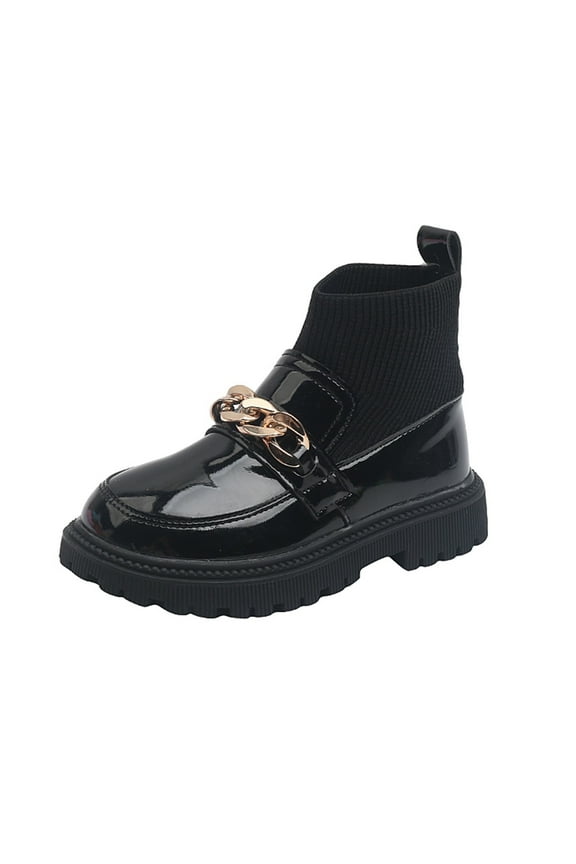 Girls Boots Stylish Chain Ankle Boots for Kids Student Dance Shoes with Elastic Knitting Patchwork Design Comfortable On Metal Leather Socks Shoes for Little and Big Girls Black 3.5